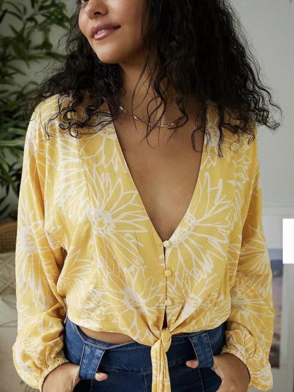 Urban Outfitters Yellow White Floral Tie-Front Blouse